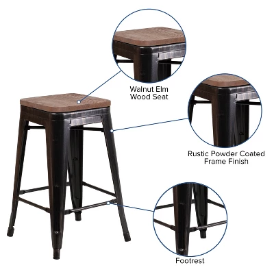 Flash Furniture 24" High Backless Metal Counter Height Stool With Square Wood Seat - Image 3