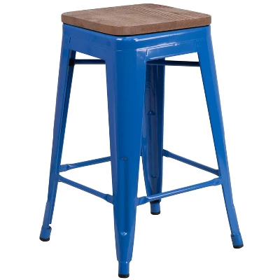 Flash Furniture 24" High Backless Metal Counter Height Stool With Square Wood Seat - Image 12