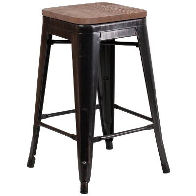 Flash Furniture 24" High Backless Metal Counter Height Stool With Square Wood Seat - Image 11
