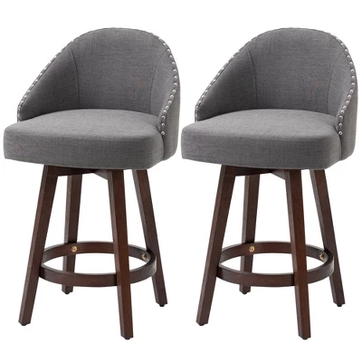 HOMCOM Bar Stools Set Of 2, Linen Fabric Kitchen Counter Stools With Nailhead Trim, Rubber Wood Legs And Footrest For Dining Room, Counter, Pub - Image 3