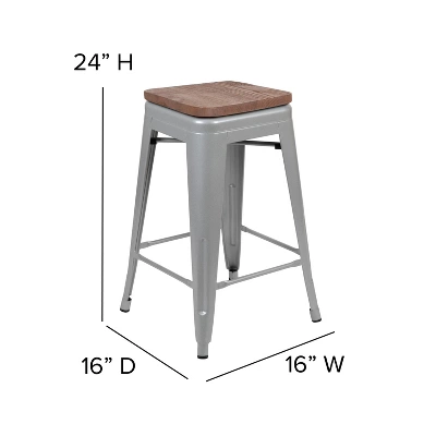 Merrick Lane 24 Inch Tall Stackable Metal Bar Counter Stool With Textured Elm Wood Seat In Set Of 4 - Image 10