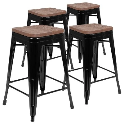 Merrick Lane 24 Inch Tall Stackable Metal Bar Counter Stool With Textured Elm Wood Seat In Set Of 4 - Image 16