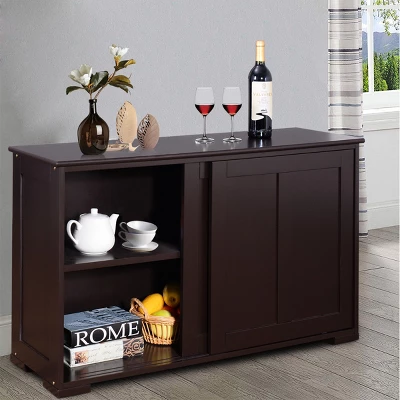 Costway Kitchen Storage Cabinet Sideboard Buffet Cupboard Wood Sliding Door Pantry Brown - Image 2