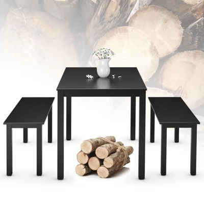 3pcs Dining Set Modern Studio Collection Table With 2 Benches Wood Legs Black - Image 8