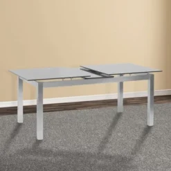 IvanExtendable Dining Table In Brushed Stainless Steel And Gray Tempered Glass Top - Armen Living