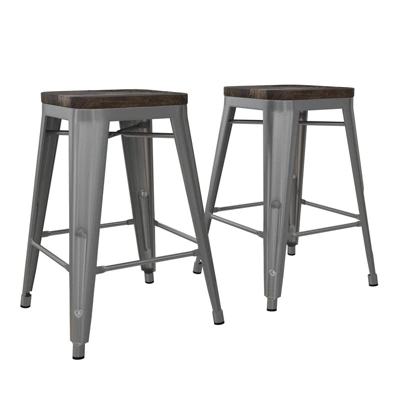 Fusion 24" Metal Backless Counter Stool With Wood Seat In Silver Set Of 2 - DHP - Image 2