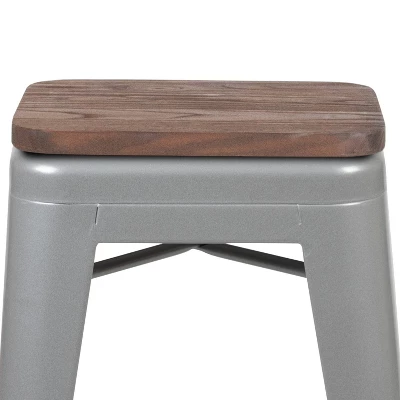 Merrick Lane 24 Inch Tall Stackable Metal Bar Counter Stool With Textured Elm Wood Seat In Set Of 4 - Image 11