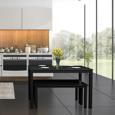 3pcs Dining Set Modern Studio Collection Table With 2 Benches Wood Legs Black - Image 4