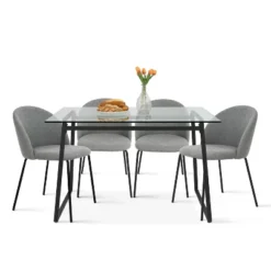 Mona+Nano 5 Piece Black Rectangular Clear Tempered Transparent Glass Table With 4 Upholstered Side Chairs-The Pop Maison