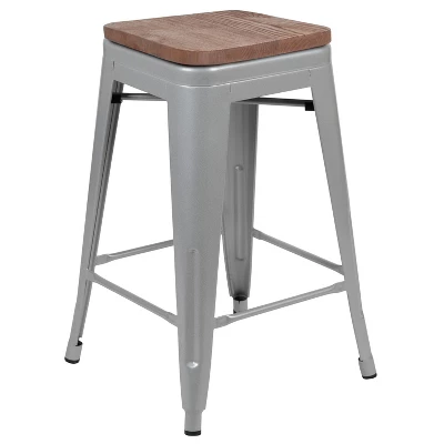Merrick Lane 24 Inch Tall Stackable Metal Bar Counter Stool With Textured Elm Wood Seat In Set Of 4 - Image 4