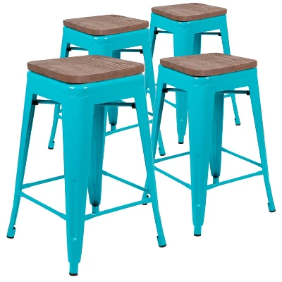 Merrick Lane 24 Inch Tall Stackable Metal Bar Counter Stool With Textured Elm Wood Seat In Set Of 4 - Image 17