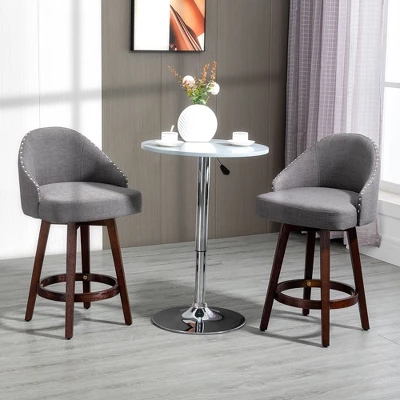 HOMCOM Bar Stools Set Of 2, Linen Fabric Kitchen Counter Stools With Nailhead Trim, Rubber Wood Legs And Footrest For Dining Room, Counter, Pub - Image 2