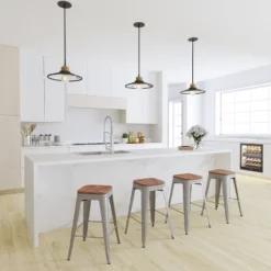 Merrick Lane 24 Inch Tall Stackable Metal Bar Counter Stool With Textured Elm Wood Seat In Set Of 4