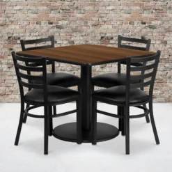 Flash Furniture 36'' Square Walnut Laminate Table Set With Round Base And 4 Ladder Back Metal Chairs - Black Vinyl Seat
