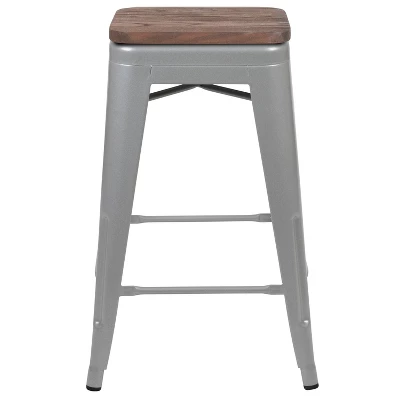 Merrick Lane 24 Inch Tall Stackable Metal Bar Counter Stool With Textured Elm Wood Seat In Set Of 4 - Image 3