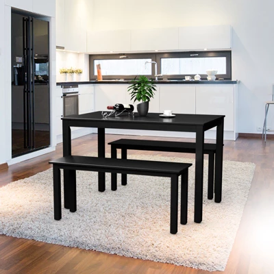 3pcs Dining Set Modern Studio Collection Table With 2 Benches Wood Legs Black - Image 2