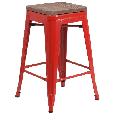 Flash Furniture 24" High Backless Metal Counter Height Stool With Square Wood Seat - Image 16
