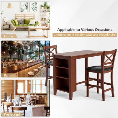 Costway 3PCS Pub Dining Table Set W/ Storage Shelves&2 Upholstered Chairs Walnut - Image 4