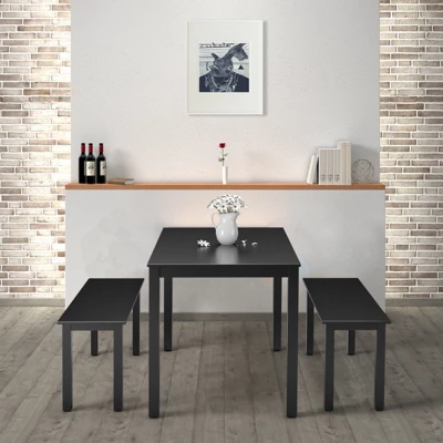 3pcs Dining Set Modern Studio Collection Table With 2 Benches Wood Legs Black - Image 3