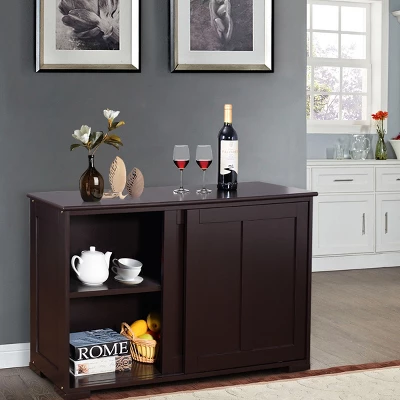 Costway Kitchen Storage Cabinet Sideboard Buffet Cupboard Wood Sliding Door Pantry Brown - Image 3