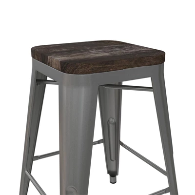 Fusion 24" Metal Backless Counter Stool With Wood Seat In Silver Set Of 2 - DHP - Image 4