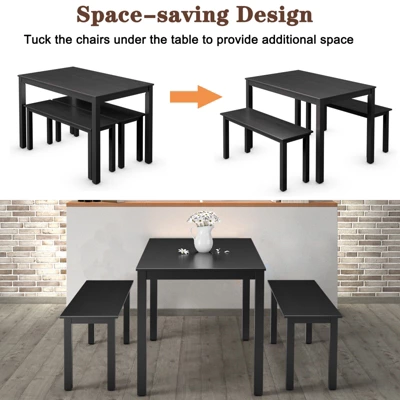 3pcs Dining Set Modern Studio Collection Table With 2 Benches Wood Legs Black - Image 5