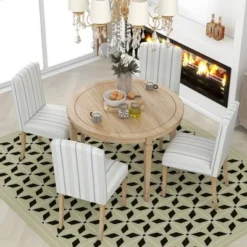 5 PCS Round Dining Table Set With Solid Wood Legs And 4 Striped Fabric Upholstered Chairs-ModernLuxe