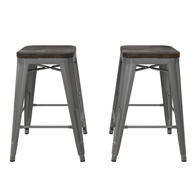 Fusion 24" Metal Backless Counter Stool With Wood Seat In Silver Set Of 2 - DHP - Image 3