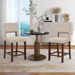 Costway Set Of 2 Upholstered Linen Bar Stools 24.5'' Wooden Dining Chairs With Back Beige/Brown