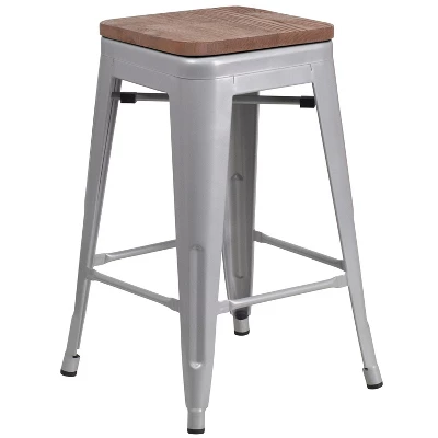 Flash Furniture 24" High Backless Metal Counter Height Stool With Square Wood Seat - Image 15