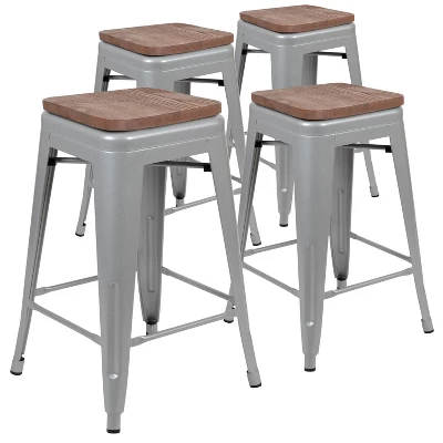 Merrick Lane 24 Inch Tall Stackable Metal Bar Counter Stool With Textured Elm Wood Seat In Set Of 4 - Image 14