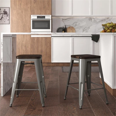 Fusion 24" Metal Backless Counter Stool With Wood Seat In Silver Set Of 2 - DHP - Image 6