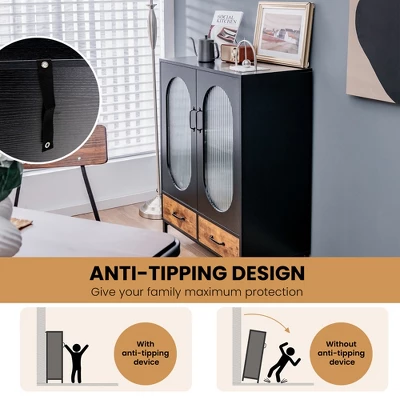 Costway Kitchen Storage Cabinet Freestanding Buffet Sideboard W/ 2 Glass Doors & Drawers - Image 7