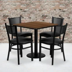 Emma And Oliver 30" Square Walnut Laminate Table Set, 4 Grid Back Metal Chairs